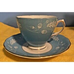 Colclough Pedestal Teacup Saucer Robin Egg Blue Turquoise Acorns/Oak England VTG